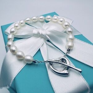 Tiffany & Co. Open Heart Pearl Toggle Bracelet in Sterling Silver with Packaging